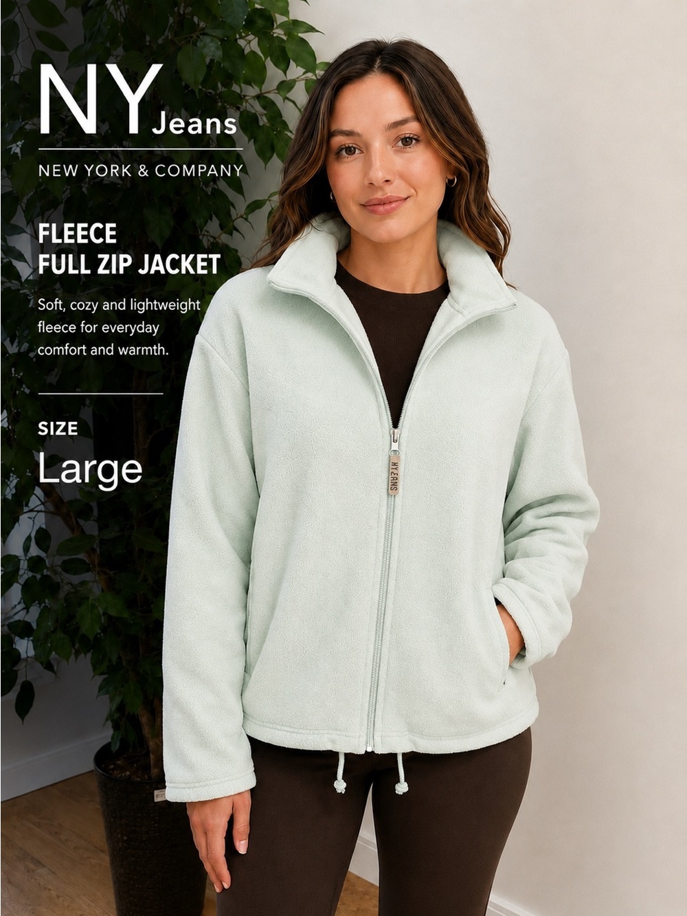 New York & Company NY Jeans Soft Mint Green Fleece Zip Jacket Size Large